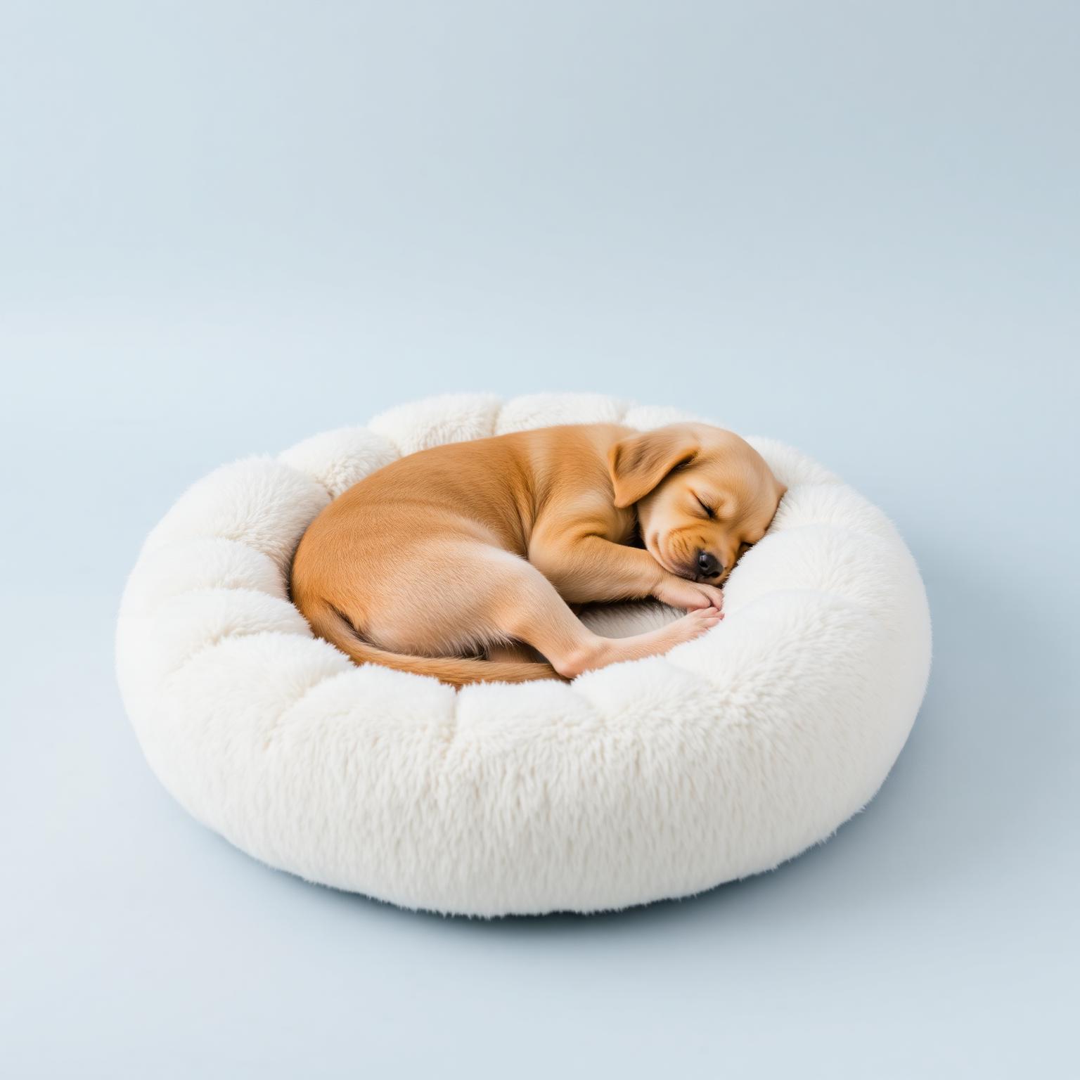 Sleepy puppy curled in a Hush anti-anxiety dog bed